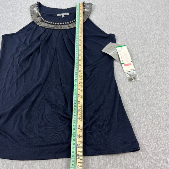 Anne Klein Sleeveless Top Womens L Navy Blue Silk Nylon Round Neck Metal Sequins - Picture 13 of 14